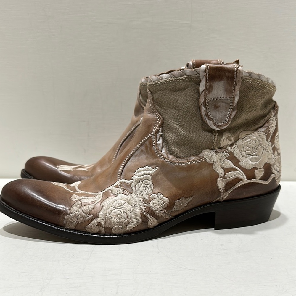WE ARE The Original Italian Floral Embroidered Ankle Boots - Brown and Cream